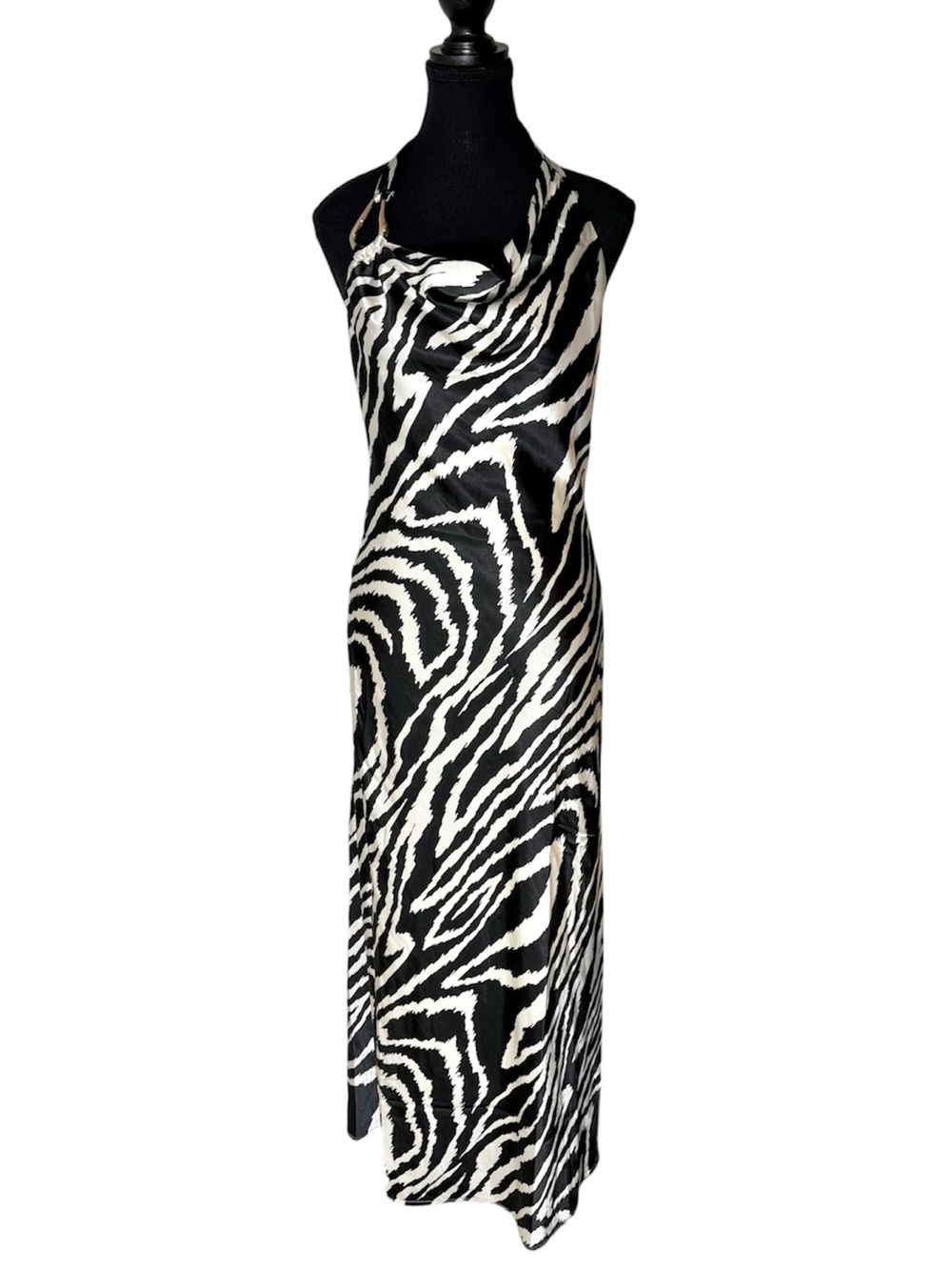 THIRTY THIRTY New Zebra Print Satin Halter Maxi Dress Drape Gold Toned Large